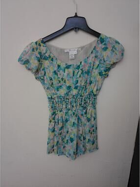 Studio M Blouse Womens Multicolor XS Puff Sleeve Smocked Waist Floral Sheer‎ Top